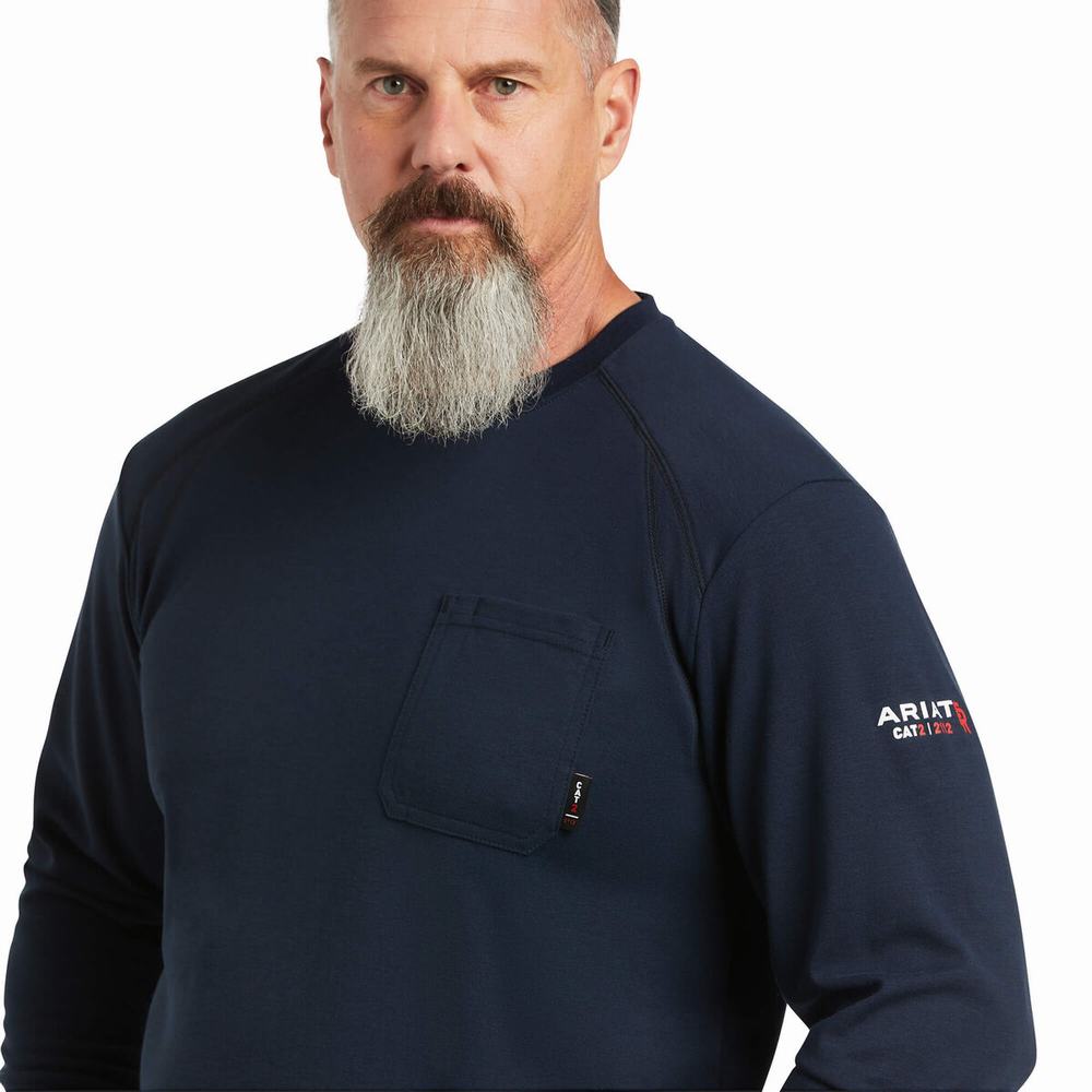 Men's Ariat FR Max Protect Inherent Shirts Navy | JQOM-31702