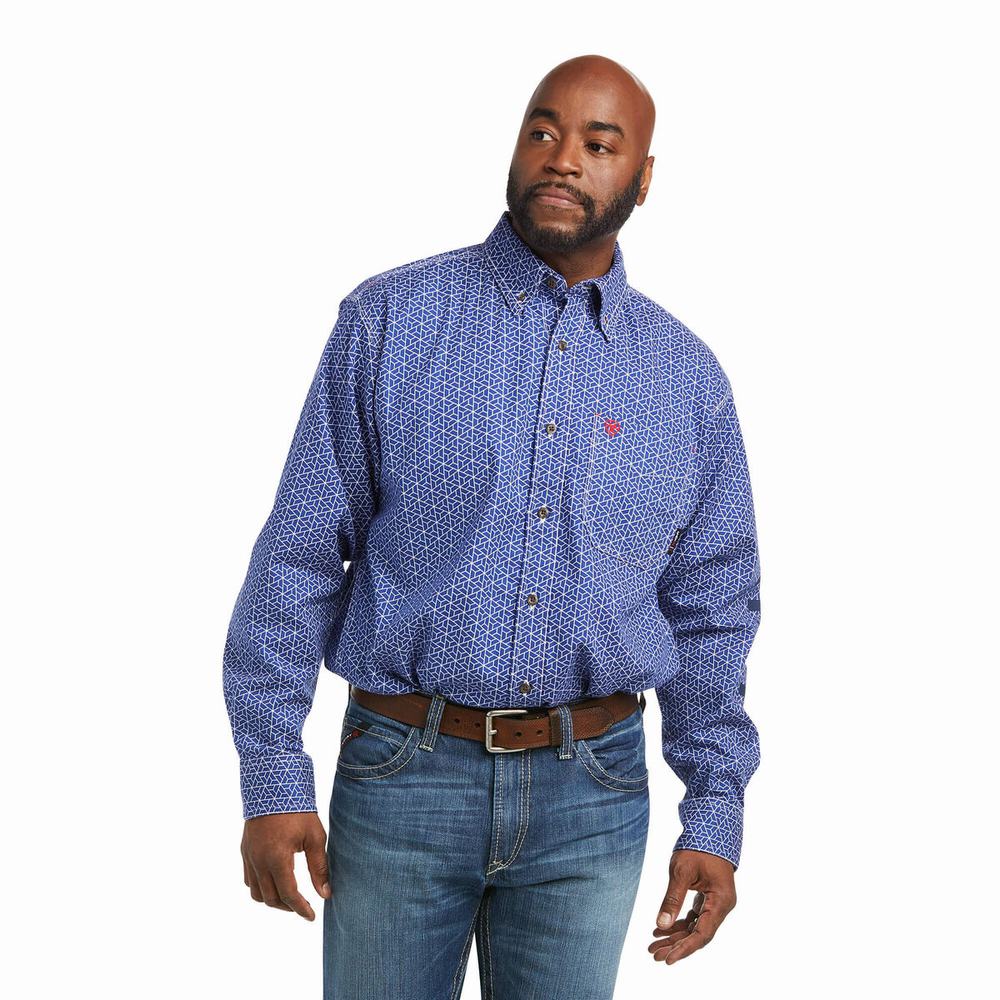 Men\'s Ariat FR Murphy Logo DuraStretch Shirts Blue / White | UCQH-45892