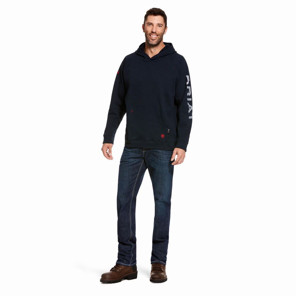 Men's Ariat FR Primo Fleece Logo Hoodie Navy | UAJS-05129