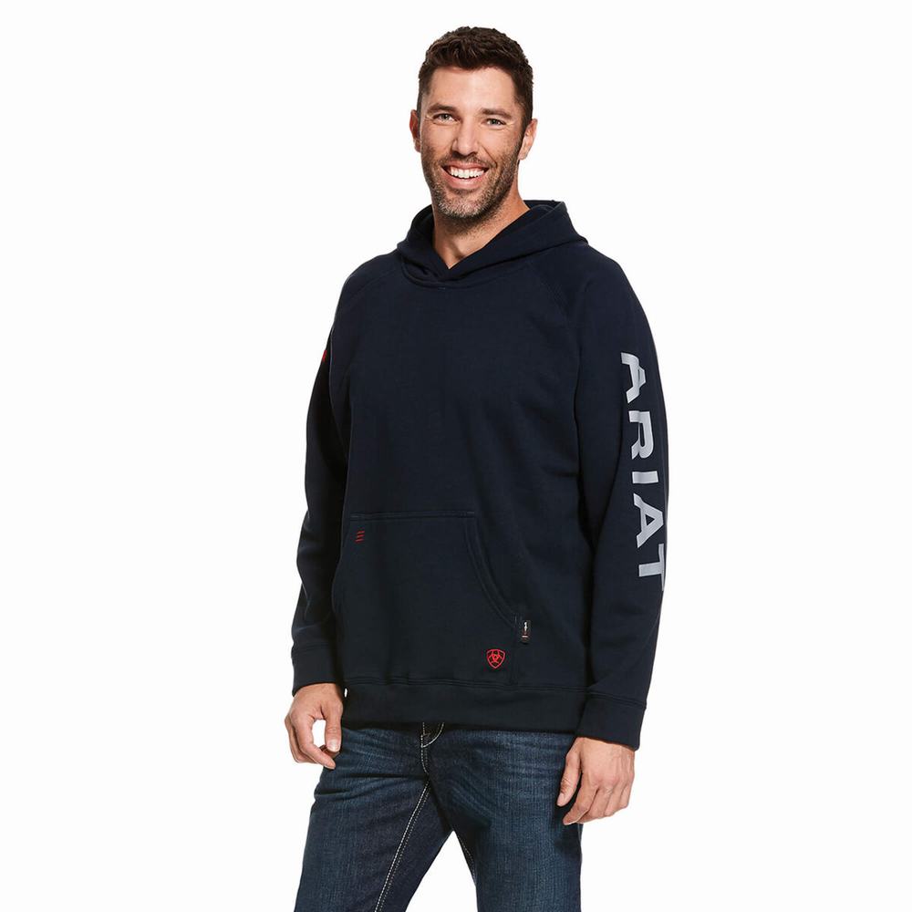 Men\'s Ariat FR Primo Fleece Logo Hoodie Navy | UAJS-05129