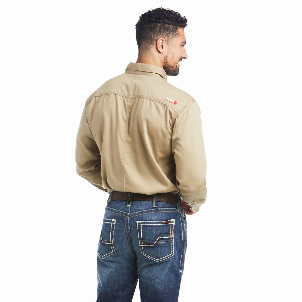 Men's Ariat FR Solid Shirts Khaki | TANC-42693