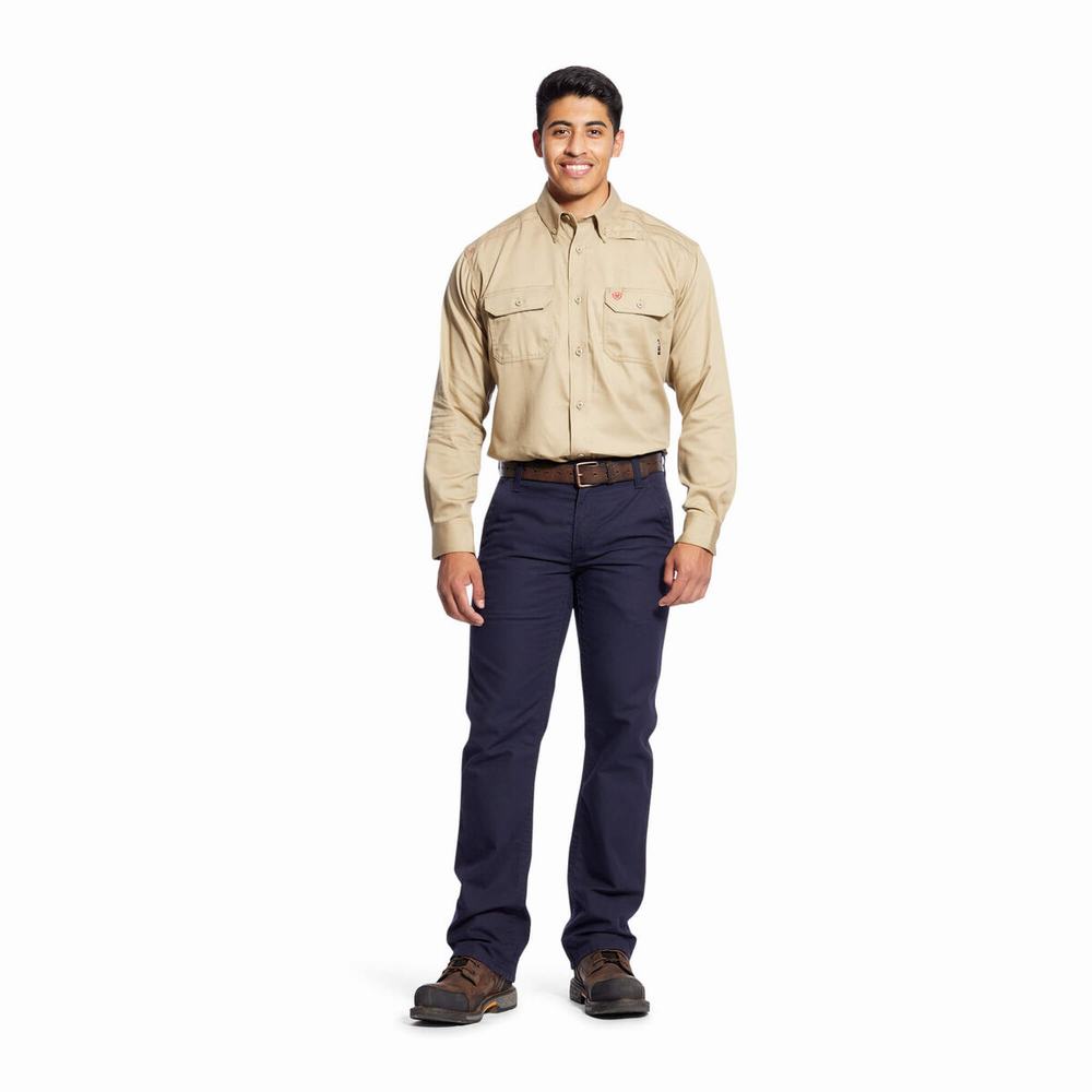 Men's Ariat FR Solid Shirts Khaki | TANC-42693