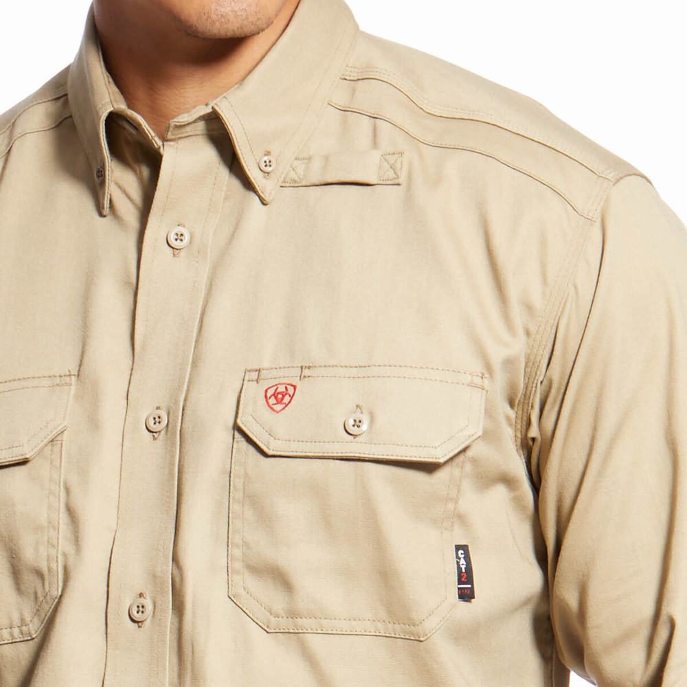 Men's Ariat FR Solid Shirts Khaki | TANC-42693