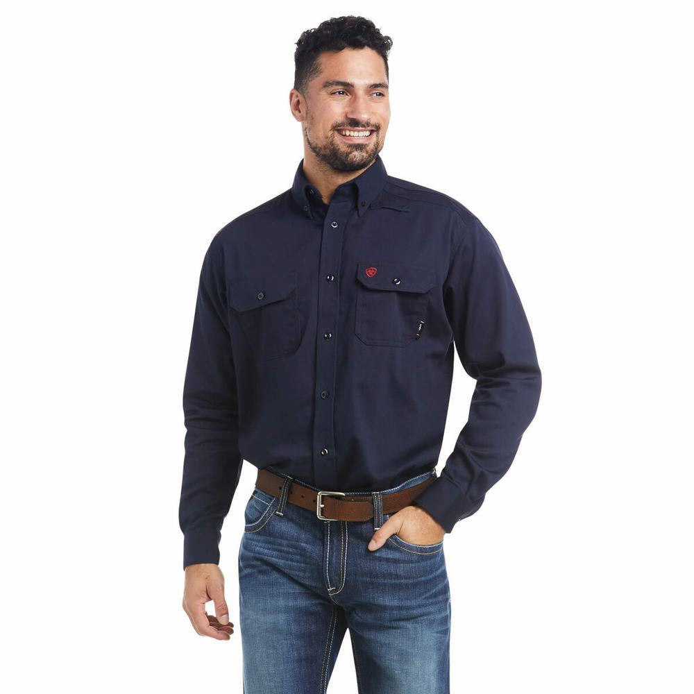 Men\'s Ariat FR Solid Shirts Navy | YKTW-38124