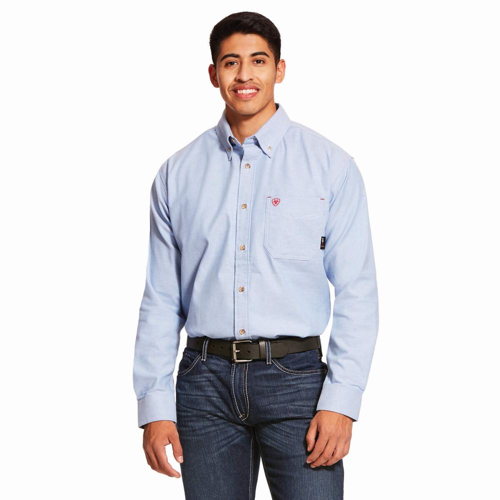 Men\'s Ariat FR Solid Twill DuraStretch Shirts Blue | CAGE-12689