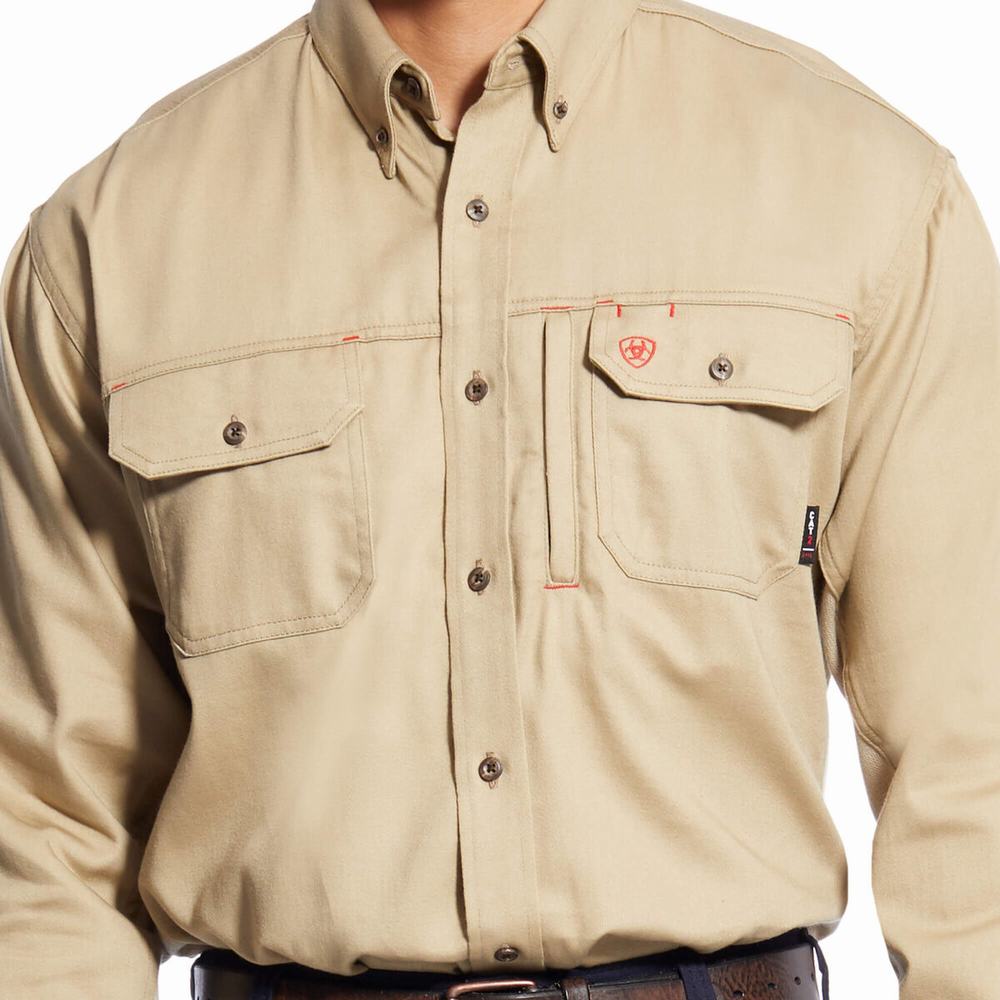 Men's Ariat FR Solid Vent Shirts Khaki | GZPT-28501