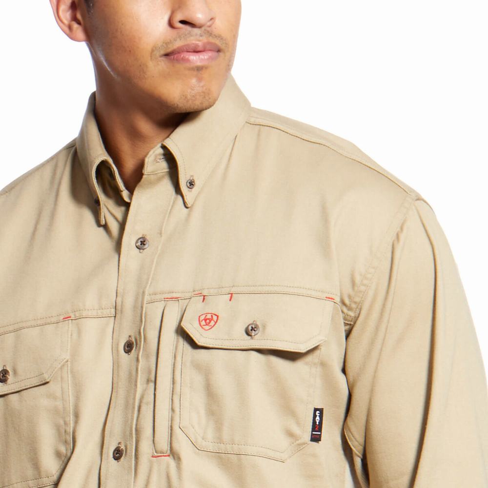 Men's Ariat FR Solid Vent Shirts Khaki | GZPT-28501