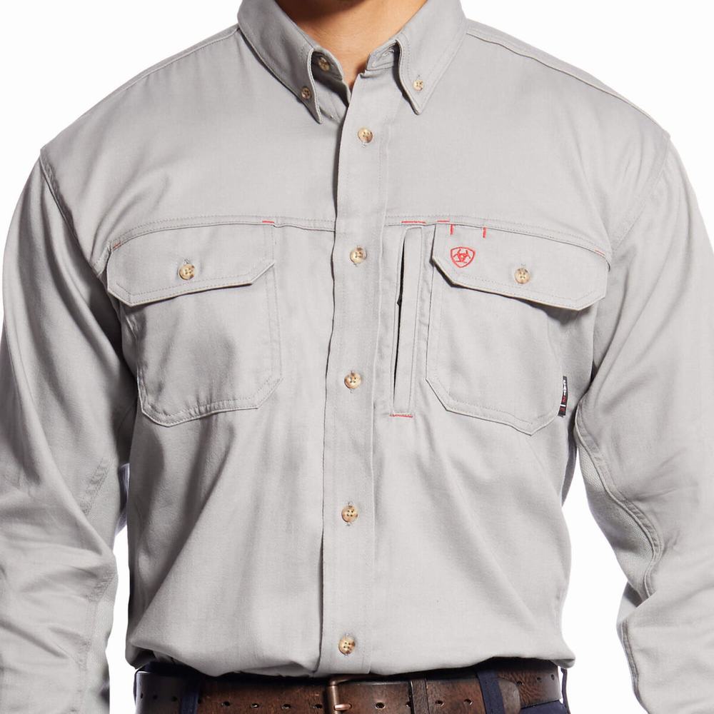 Men's Ariat FR Solid Vent Shirts Silver | DVTH-71640