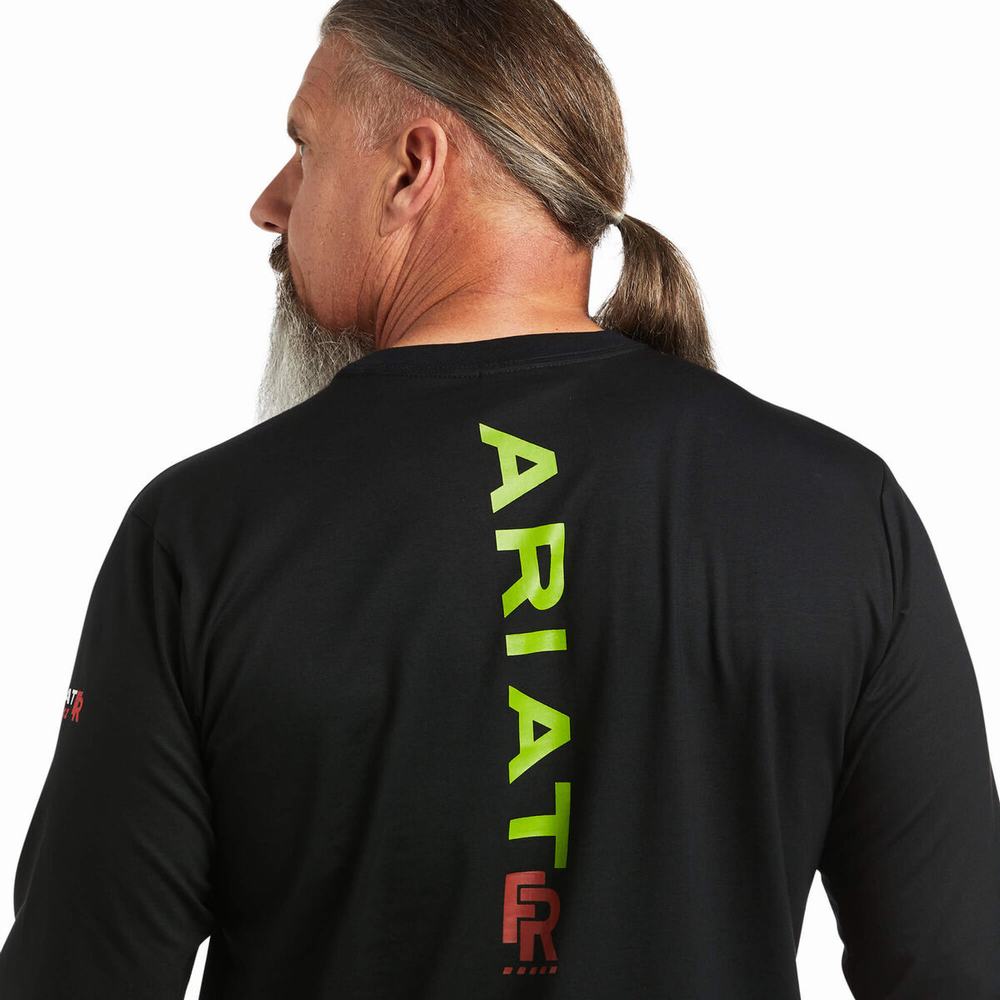 Men's Ariat FR Stretch Logo Shirts Black / Light Green | SZQN-86239