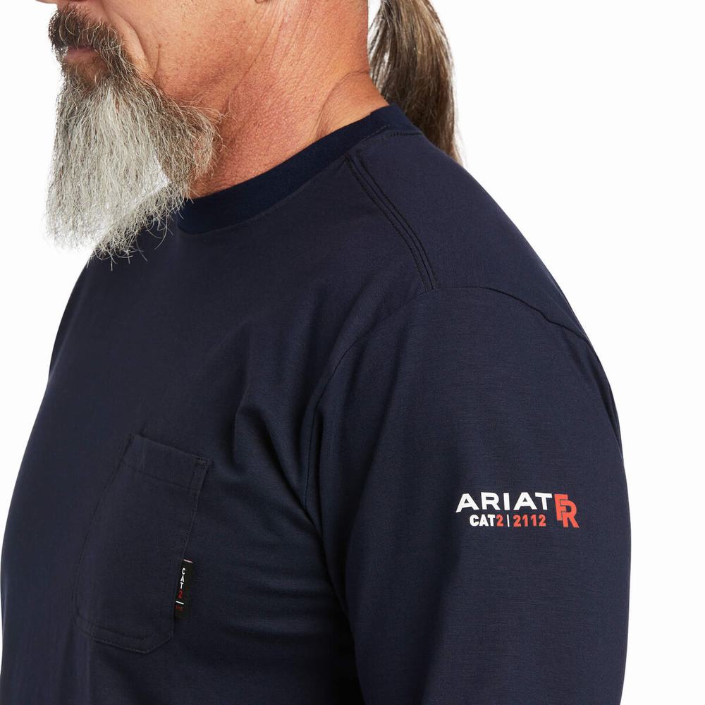 Men's Ariat FR Stretch Logo Shirts Navy | FUPT-34075