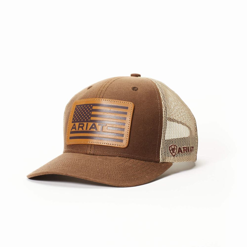 Men\'s Ariat Flag Patch Mesh Snap Back Hats Brown | IUJA-71064