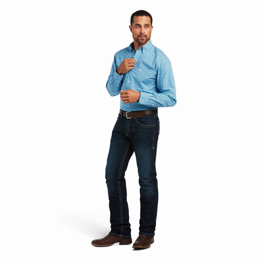 Men's Ariat Genaro Fitted Shirts Blue | EXZF-67043