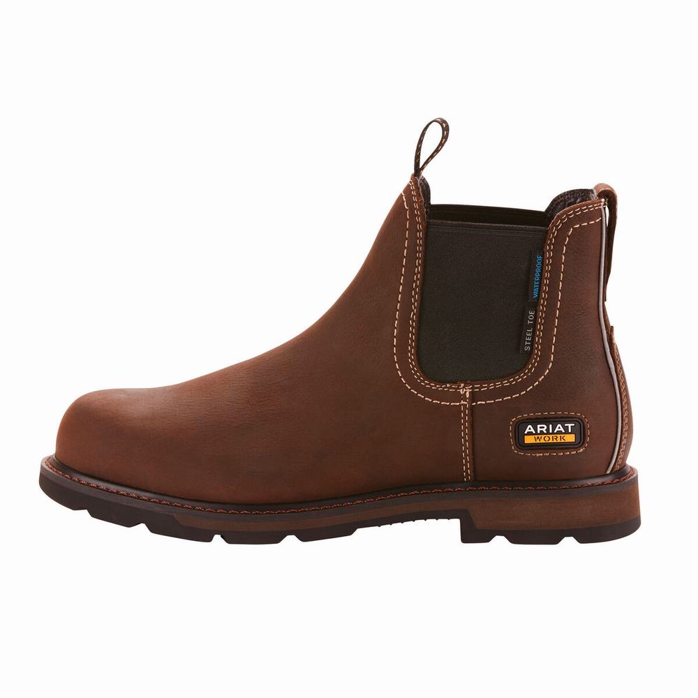 Men's Ariat Groundbreaker Chelsea Waterproof Steel Toe Chelsea Boots Dark Brown | UYQO-59046