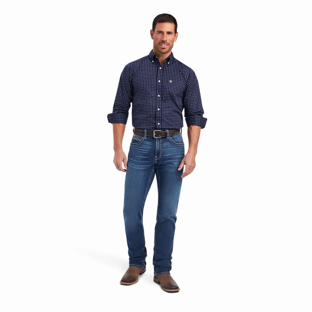 Men's Ariat Niko Stretch Fitted Shirts Blue | PMKY-98206