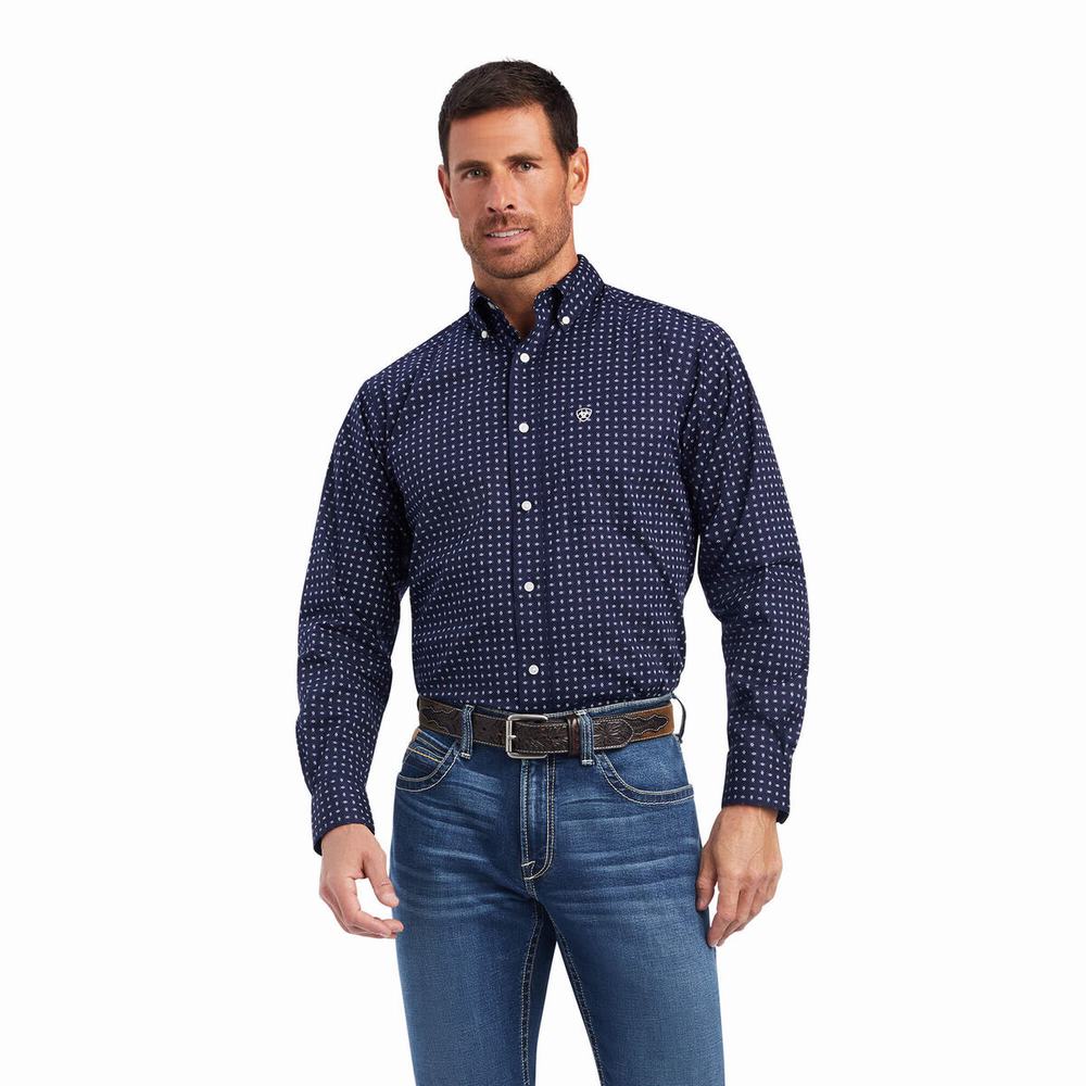 Men\'s Ariat Niko Stretch Fitted Shirts Blue | PMKY-98206