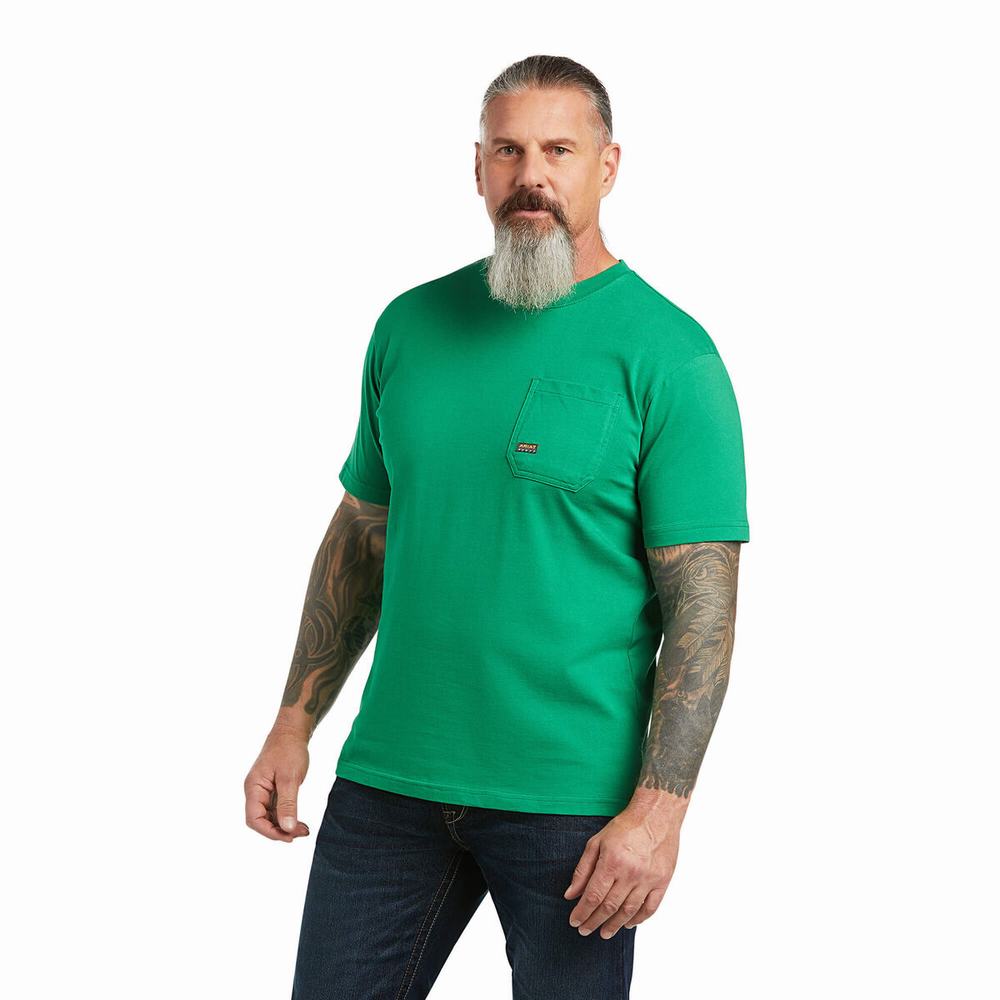 Men's Ariat Rebar Cotton Strong American Outdoors Tops Green | QDLK-42508