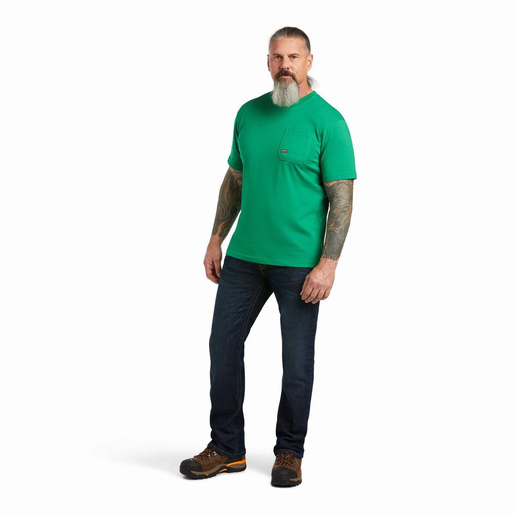 Men's Ariat Rebar Cotton Strong American Outdoors Tops Green | QDLK-42508