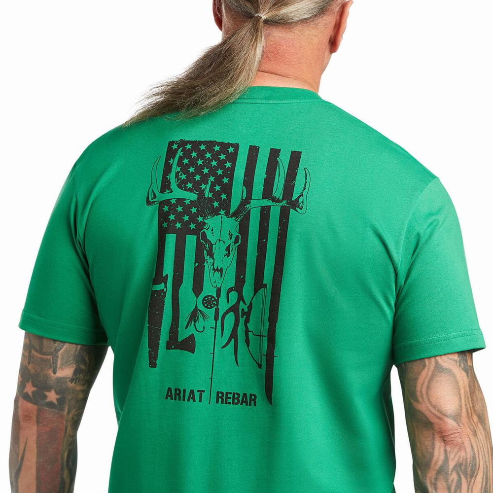 Men's Ariat Rebar Cotton Strong American Outdoors Tops Green | QDLK-42508