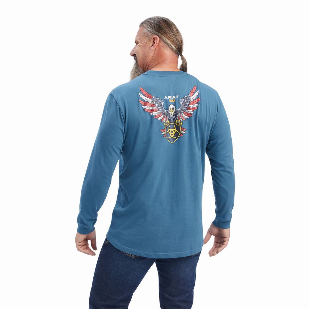 Men's Ariat Rebar Cotton Strong American Raptor T Shirts Turquoise | RLPQ-63085