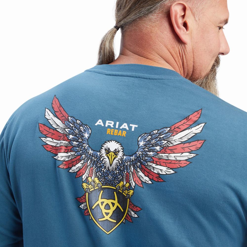 Men's Ariat Rebar Cotton Strong American Raptor T Shirts Turquoise | RLPQ-63085