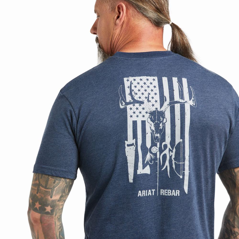 Men's Ariat Rebar Cotton Strong American Outdoors Tops Navy | WPUJ-78502