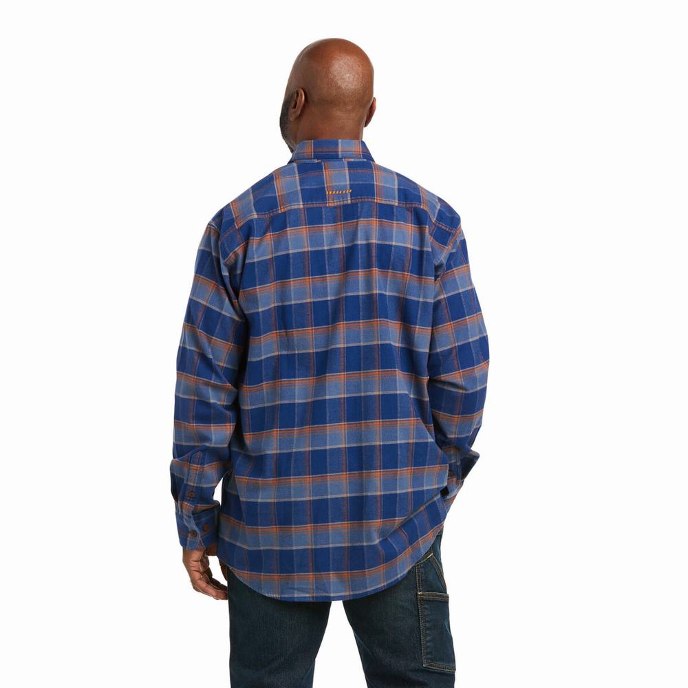 Men's Ariat Rebar Flannel DuraStretch Shirts Blue | GLPS-86231