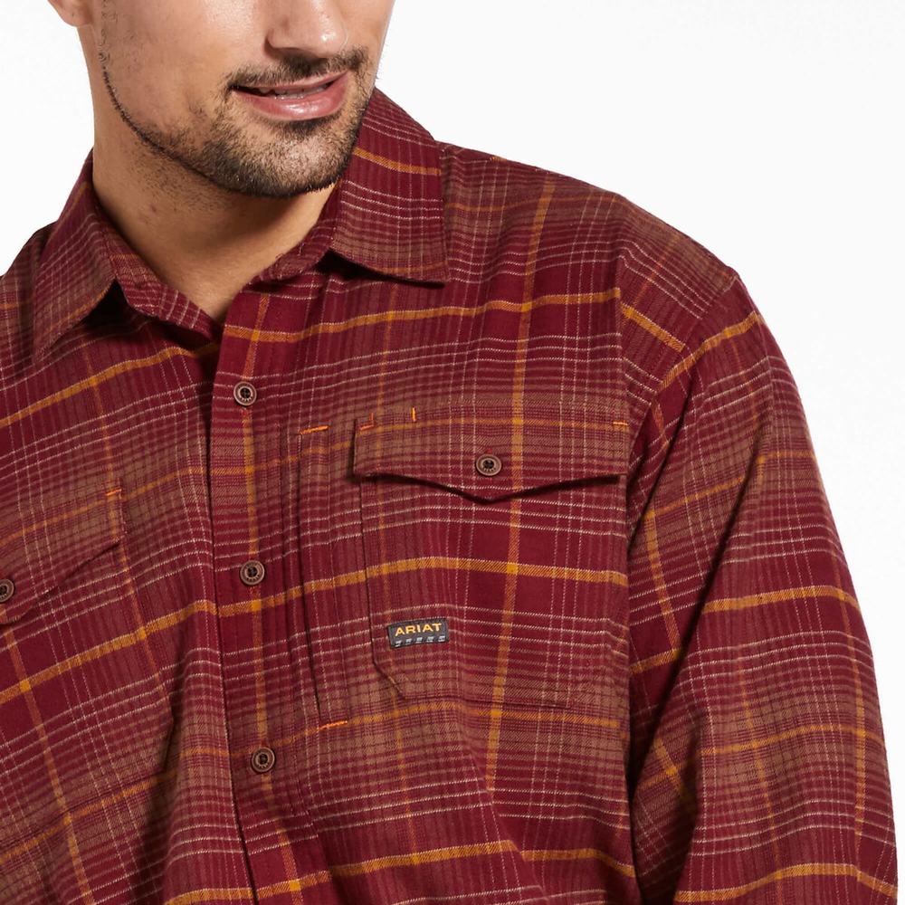 Men's Ariat Rebar Flannel DuraStretch Shirts Dark Red | WKGD-35617