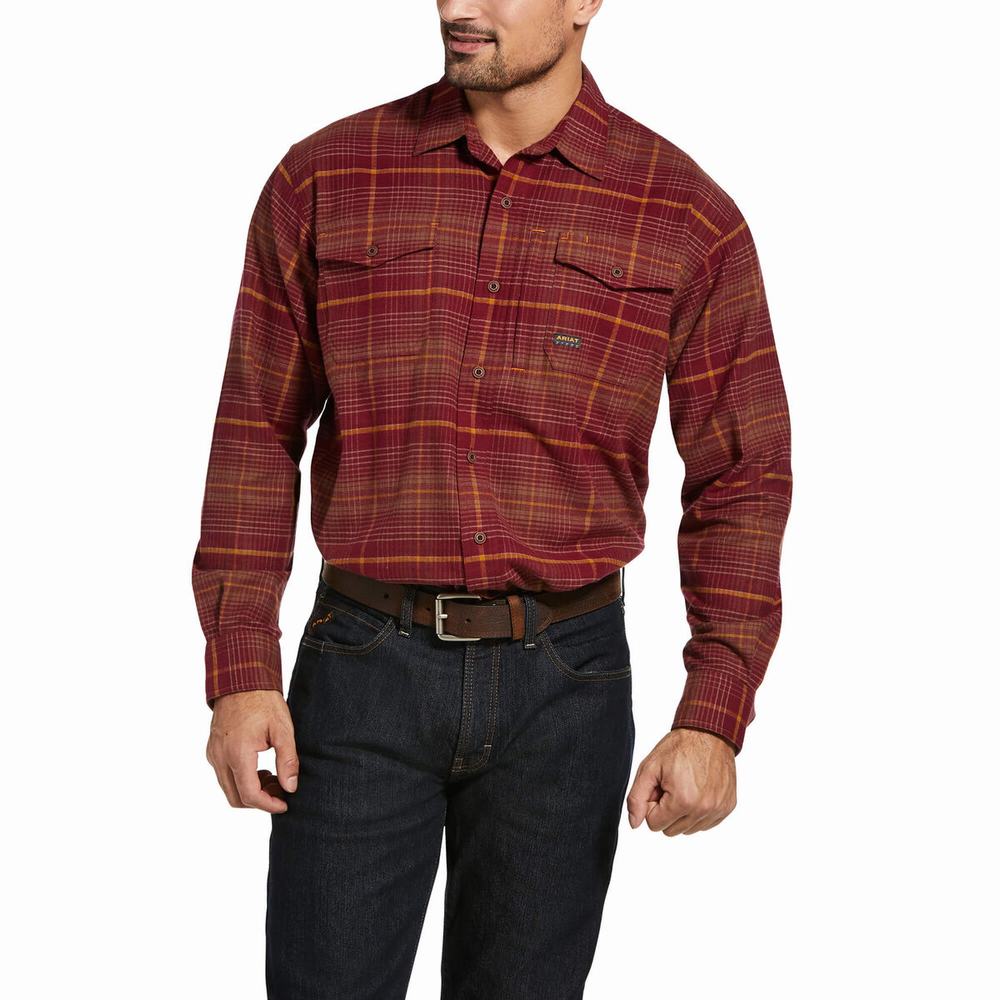 Men\'s Ariat Rebar Flannel DuraStretch Shirts Dark Red | WKGD-35617