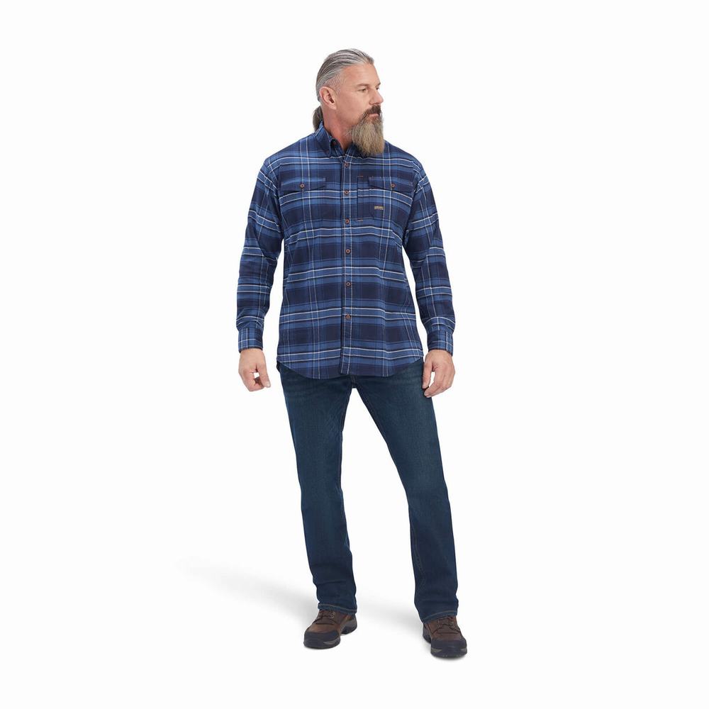 Men's Ariat Rebar Flannel DuraStretch Shirts Navy | YUMX-14509