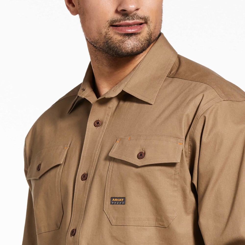 Men's Ariat Rebar Made Tough DuraStretch Shirts Khaki | CKLU-06978