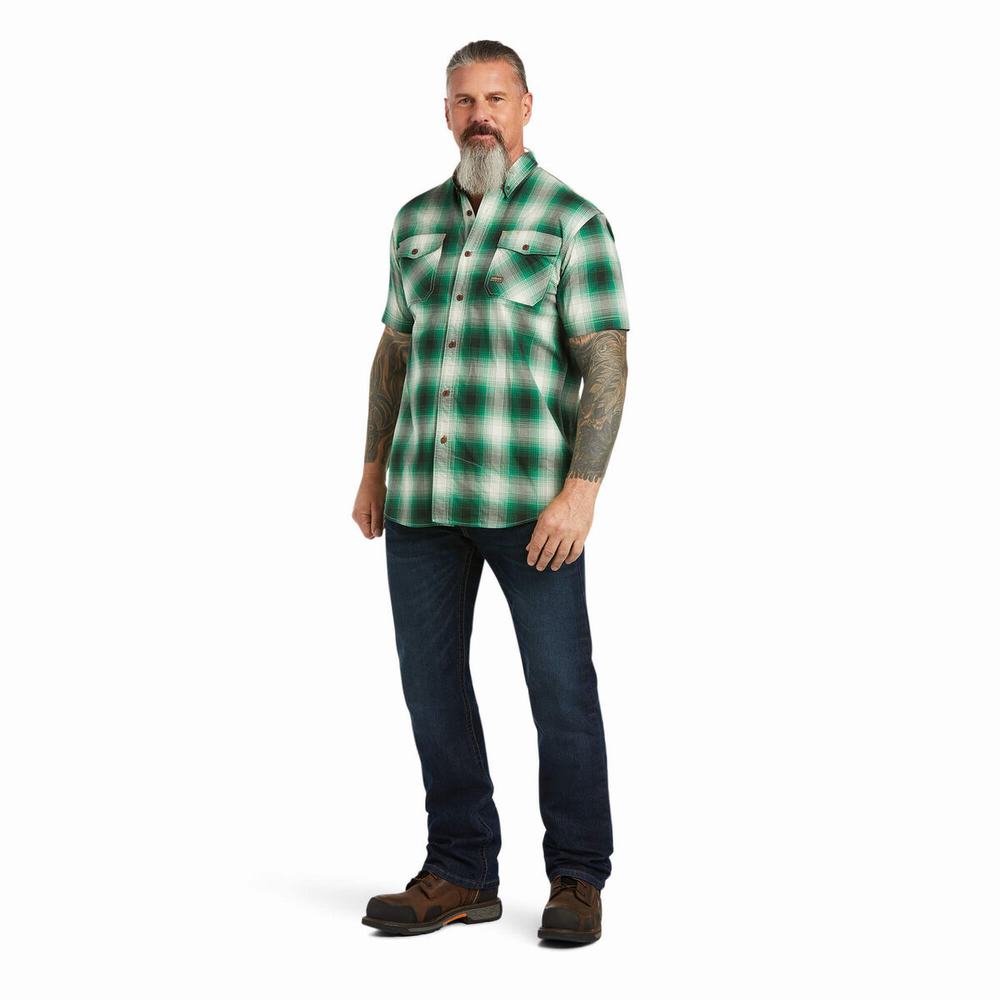 Men's Ariat Rebar Made Tough DuraStretch Short Sleeve Green | DBNS-40267