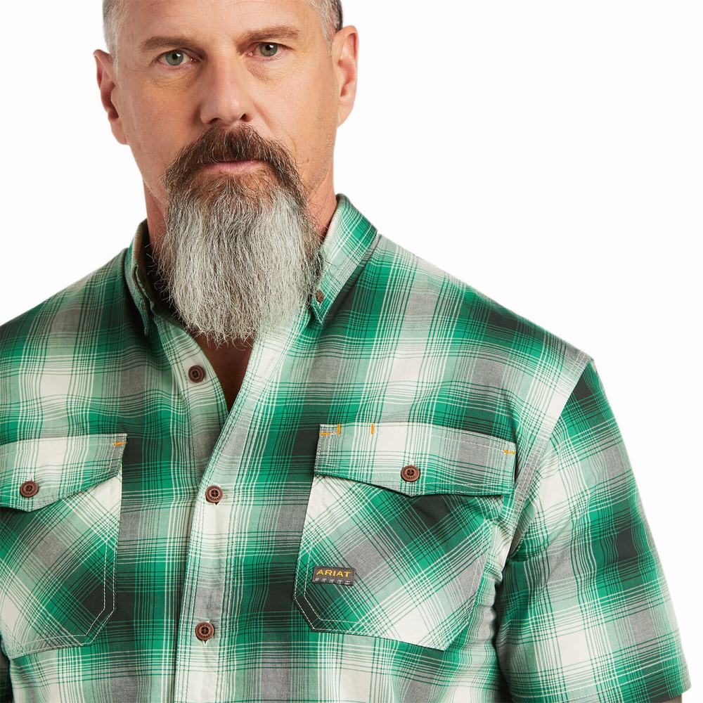 Men's Ariat Rebar Made Tough DuraStretch Short Sleeve Green | DBNS-40267