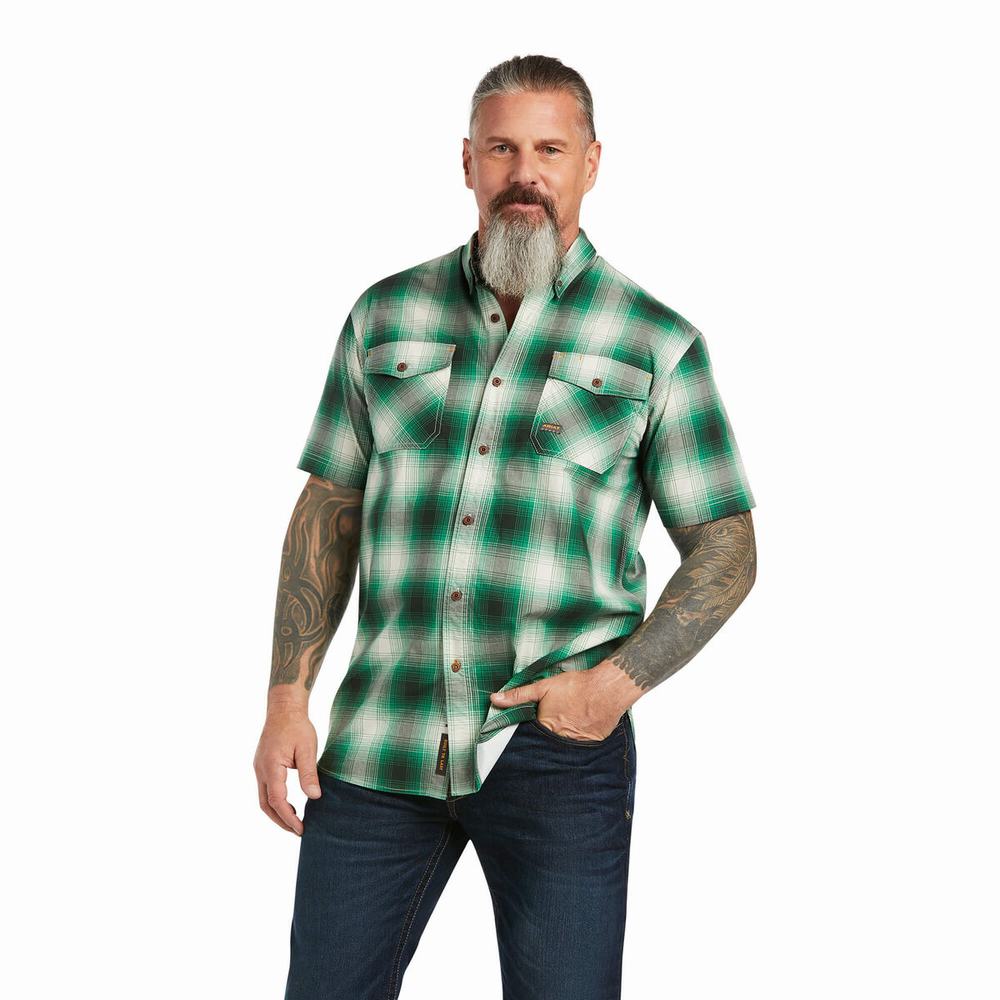 Men\'s Ariat Rebar Made Tough DuraStretch Short Sleeve Green | DBNS-40267