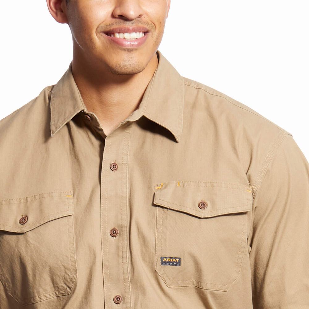 Men's Ariat Rebar Made Tough DuraStretch Shirts Khaki | HAZX-67109