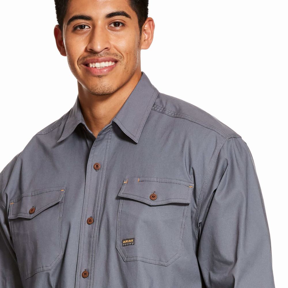 Men's Ariat Rebar Made Tough DuraStretch Shirts Grey | NJUA-82691