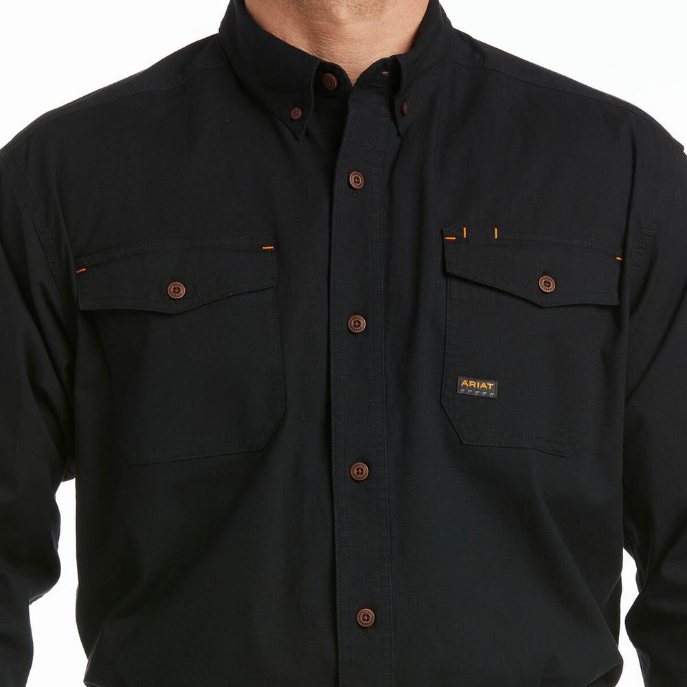 Men's Ariat Rebar Made Tough DuraStretch Shirts Black | YHXU-54078