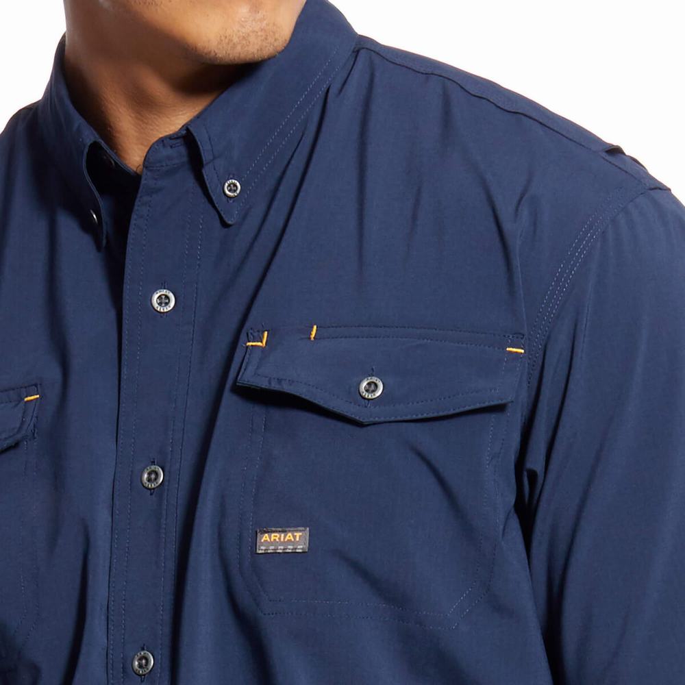 Men's Ariat Rebar Made Tough VentTEK DuraStretch Shirts Navy | MFEZ-87640