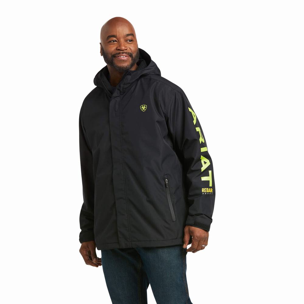 Men\'s Ariat Rebar Stormshell Logo Waterproof Jackets Black / Light Green | GTQH-31476