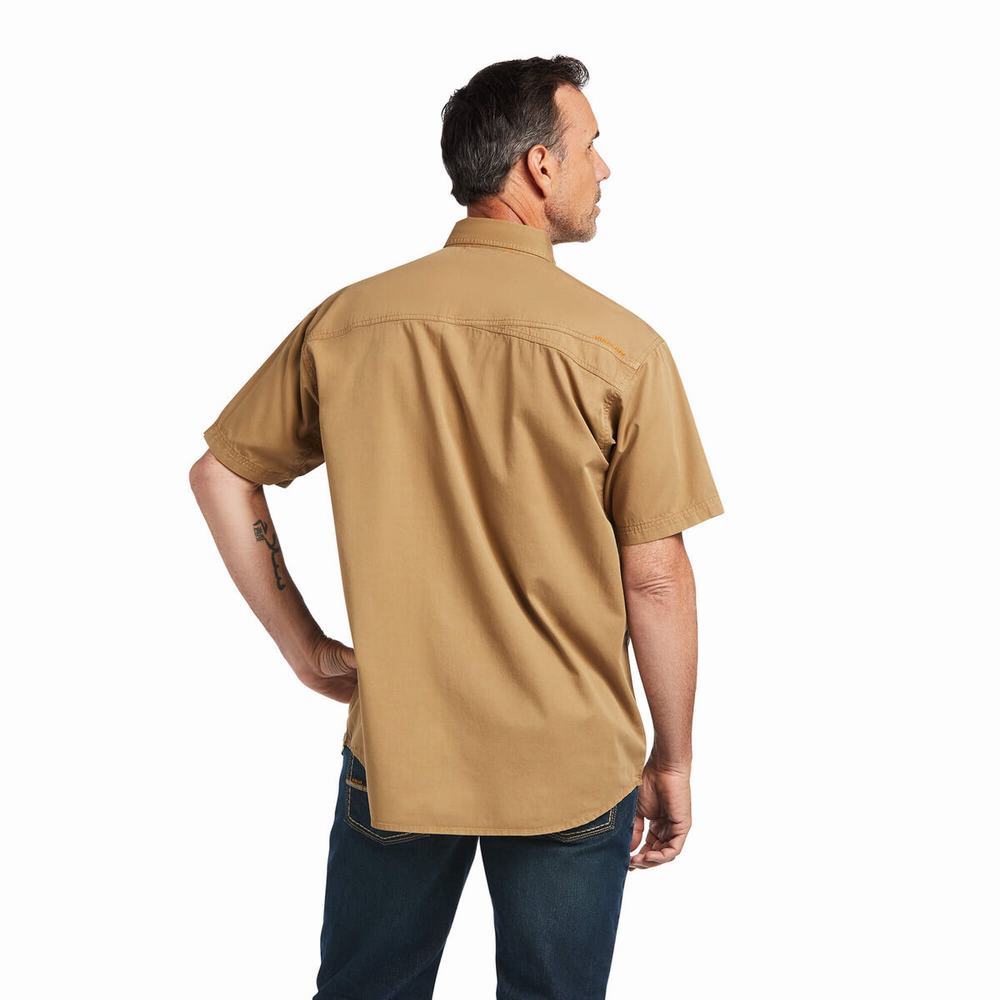 Men's Ariat Rebar Washed Twill Short Sleeve Khaki | HTBA-46532