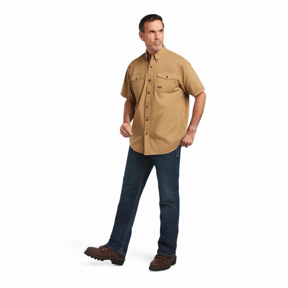 Men's Ariat Rebar Washed Twill Short Sleeve Khaki | HTBA-46532