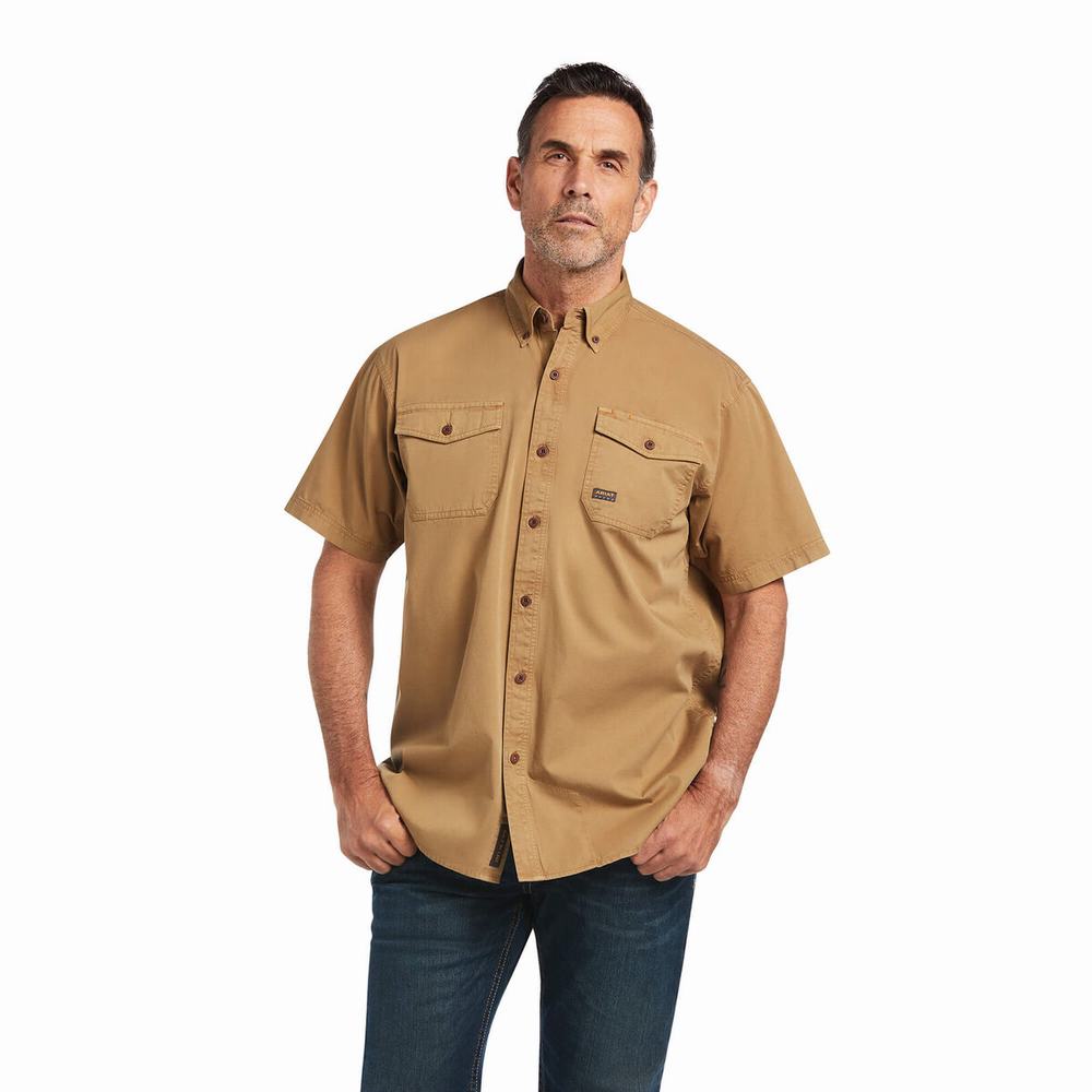 Men\'s Ariat Rebar Washed Twill Short Sleeve Khaki | HTBA-46532