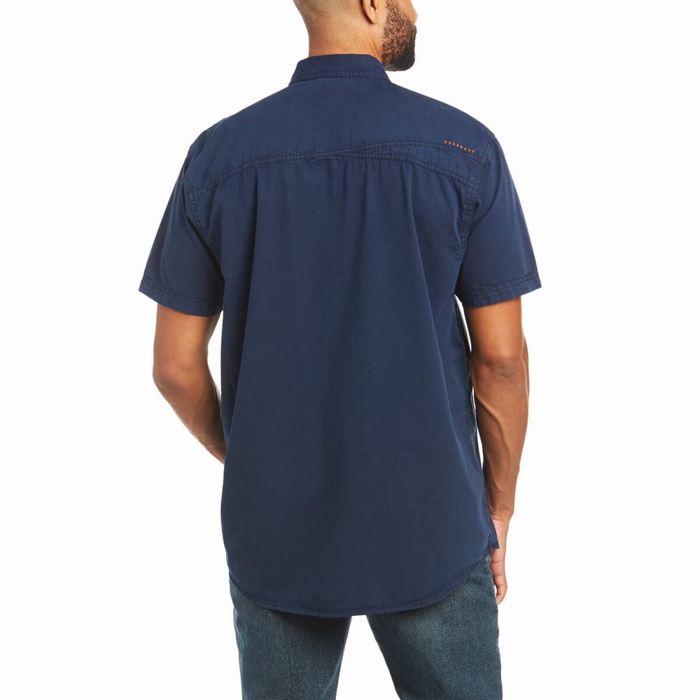 Men's Ariat Rebar Washed Twill Short Sleeve Navy | SNFE-83691