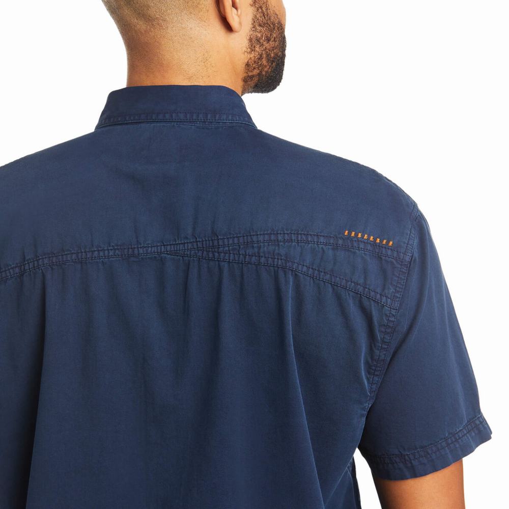 Men's Ariat Rebar Washed Twill Short Sleeve Navy | SNFE-83691