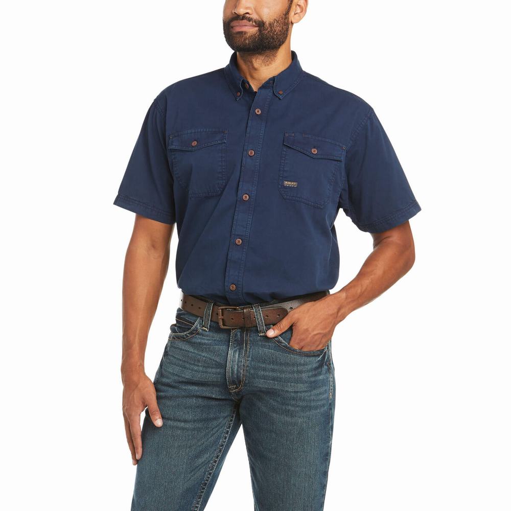 Men\'s Ariat Rebar Washed Twill Short Sleeve Navy | SNFE-83691