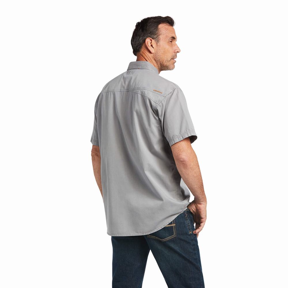 Men's Ariat Rebar Washed Twill Short Sleeve Silver | ULRG-75401