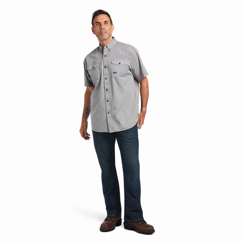 Men's Ariat Rebar Washed Twill Short Sleeve Silver | ULRG-75401