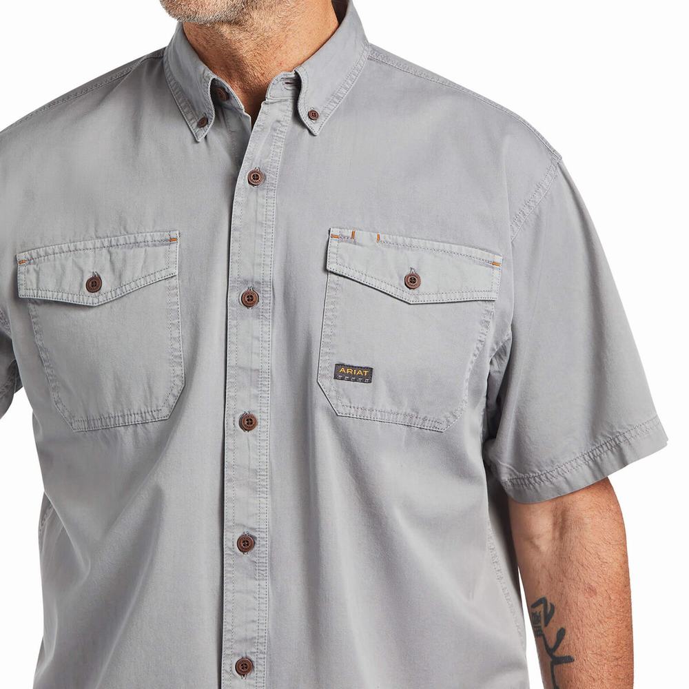 Men's Ariat Rebar Washed Twill Short Sleeve Silver | ULRG-75401