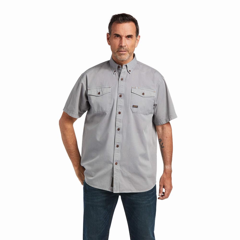 Men\'s Ariat Rebar Washed Twill Short Sleeve Silver | ULRG-75401