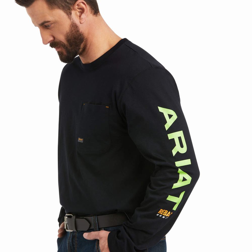 Men's Ariat Rebar Workman Logo Shirts Black / Light Green | CXYP-31408