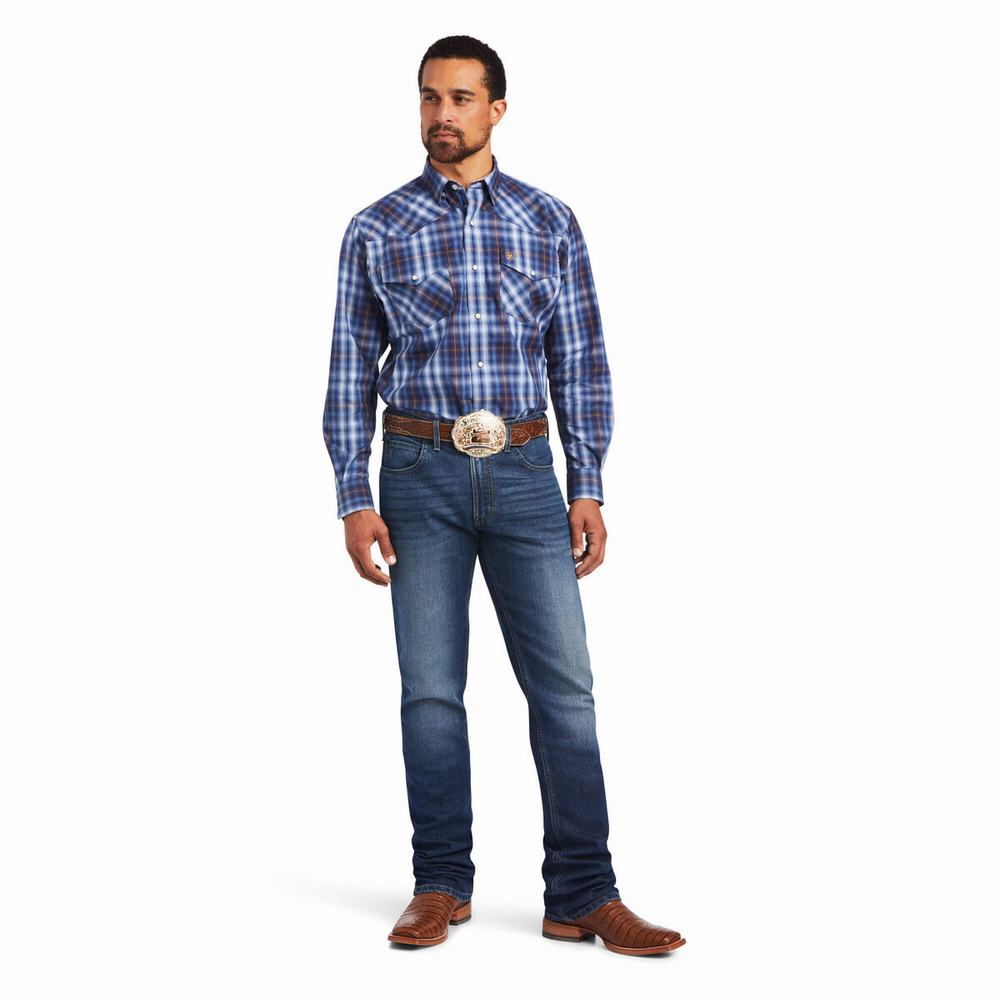 Men's Ariat Relentless Inexorable Stretch Classic Fit Snap Shirts Blue | QBDR-38659